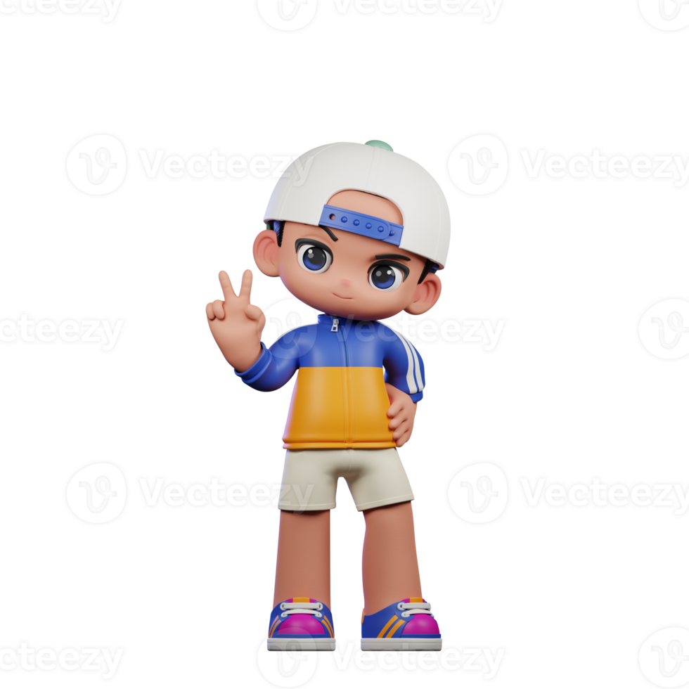 3d Cartoon Character in a Blue Shirt and White Hat Showing Peace Sign Pose png