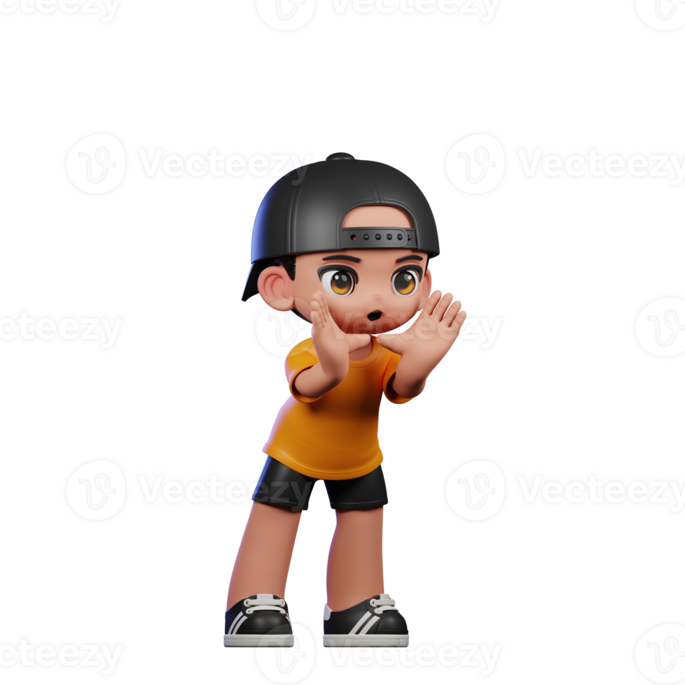 3d Cartoon Character with a Yellow Shirt and Black Shorts Shouting Pose png