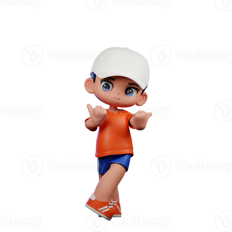 3d Cartoon Boy in Orange Shirt and Blue Shorts with a White Hat Pointing at Side Pose png
