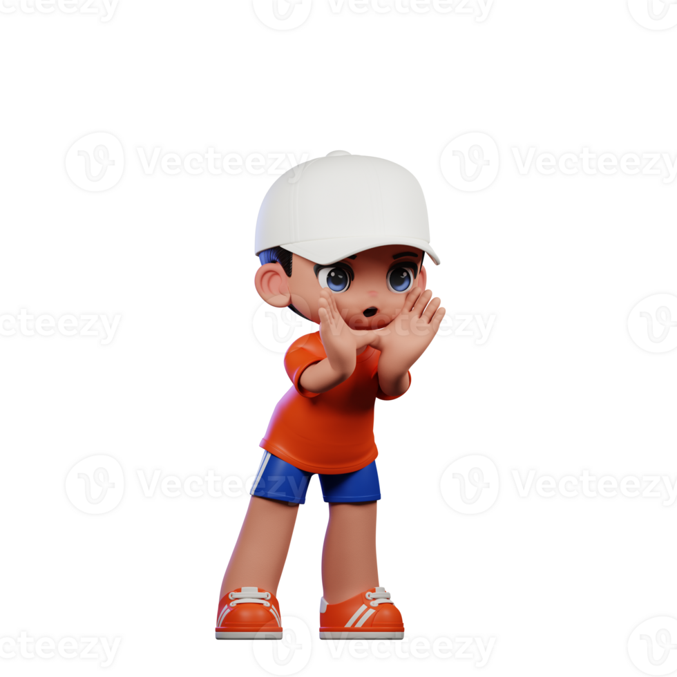 3d Cartoon Boy in Orange Shirt and Blue Shorts with a White Hat Shouting Pose png