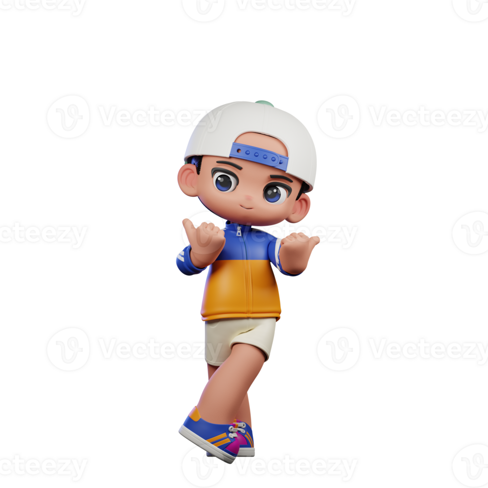 3d Cartoon Character in a Blue Shirt and White Hat Pointing at Side Pose png