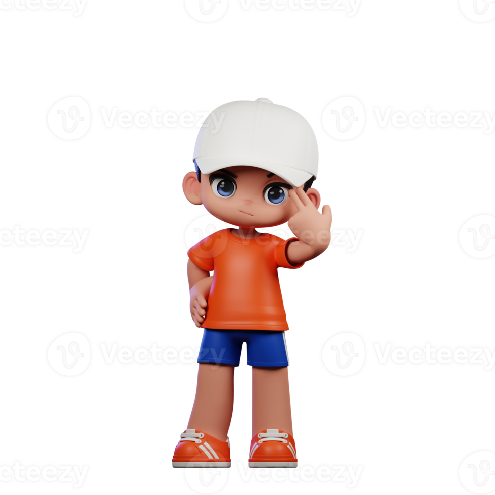 3d Cartoon Boy in Orange Shirt and Blue Shorts with a White Hat Pointing at Him Pose png