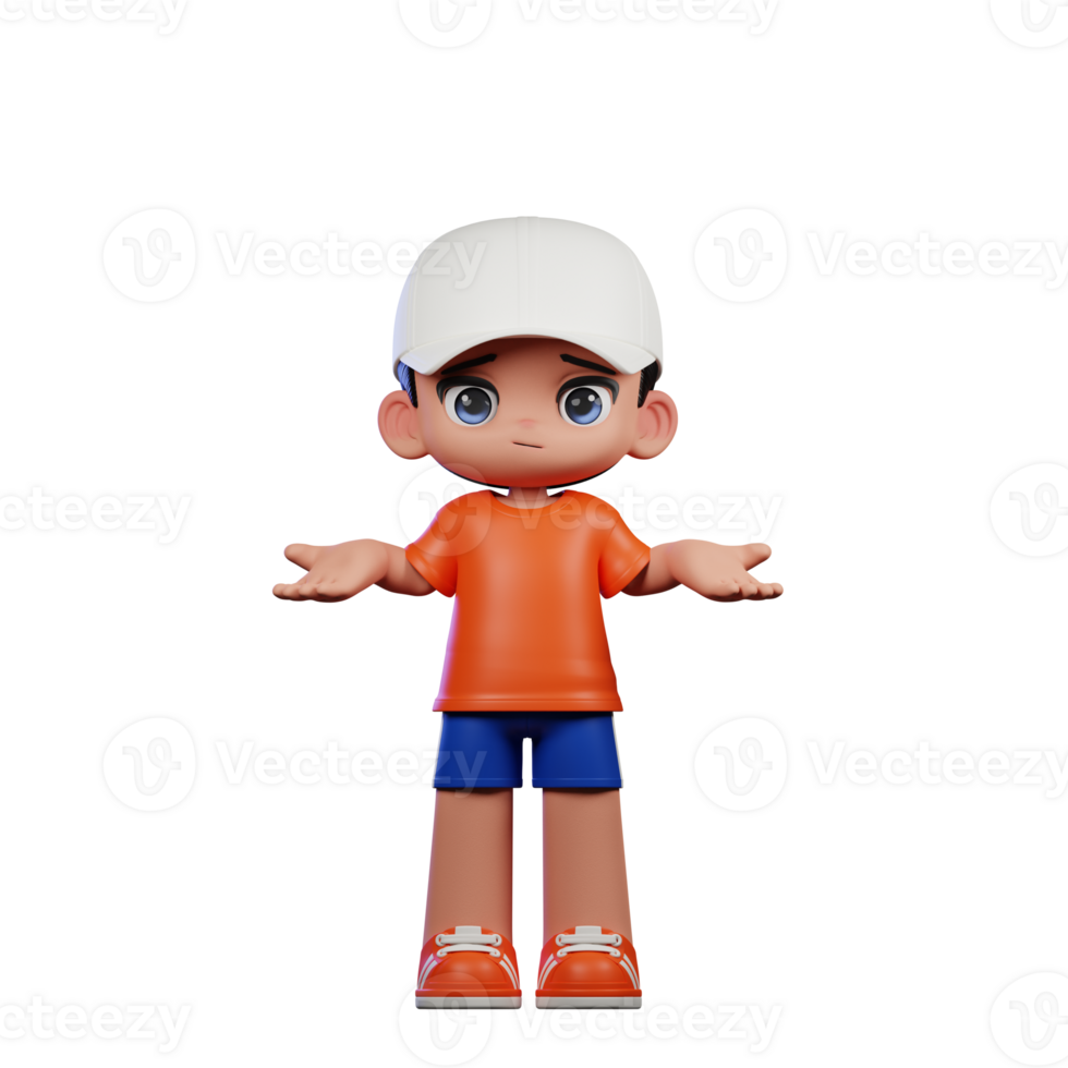 3d Cartoon Boy in Orange Shirt and Blue Shorts with a White Hat Doing No Idea Pose png
