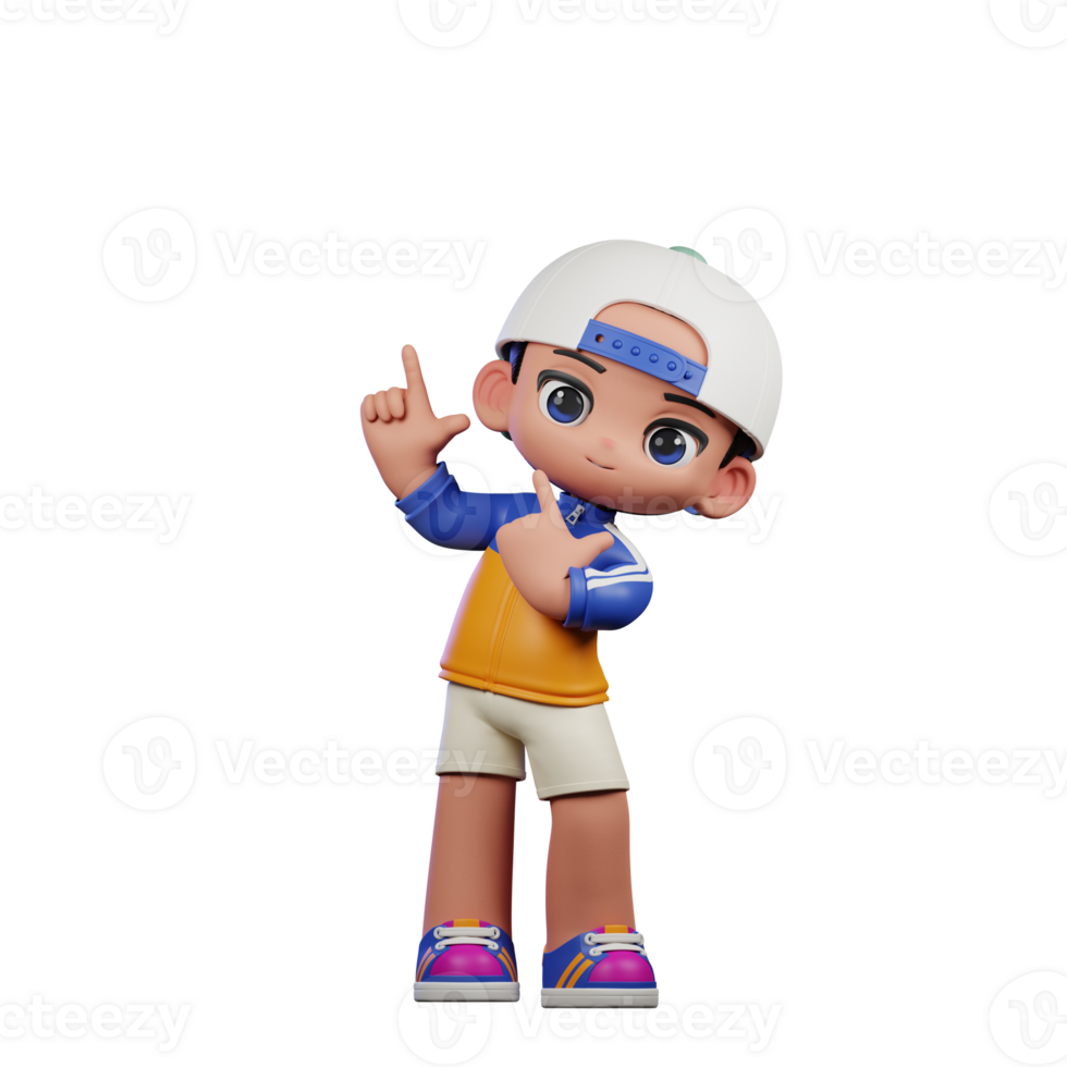 3d Cartoon Character in a Blue Shirt and White Hat Pointing Up Pose png