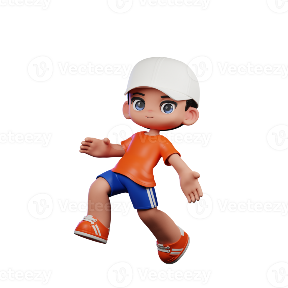 3d Cartoon Boy in Orange Shirt and Blue Shorts with a White Hat Happy Jumping Pose png