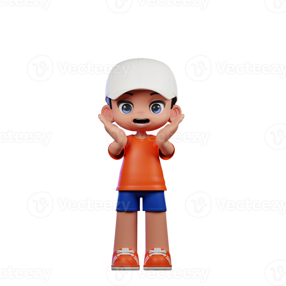 3d Cartoon Boy in Orange Shirt and Blue Shorts with a White Hat Surprise Reacting Happily Pose png