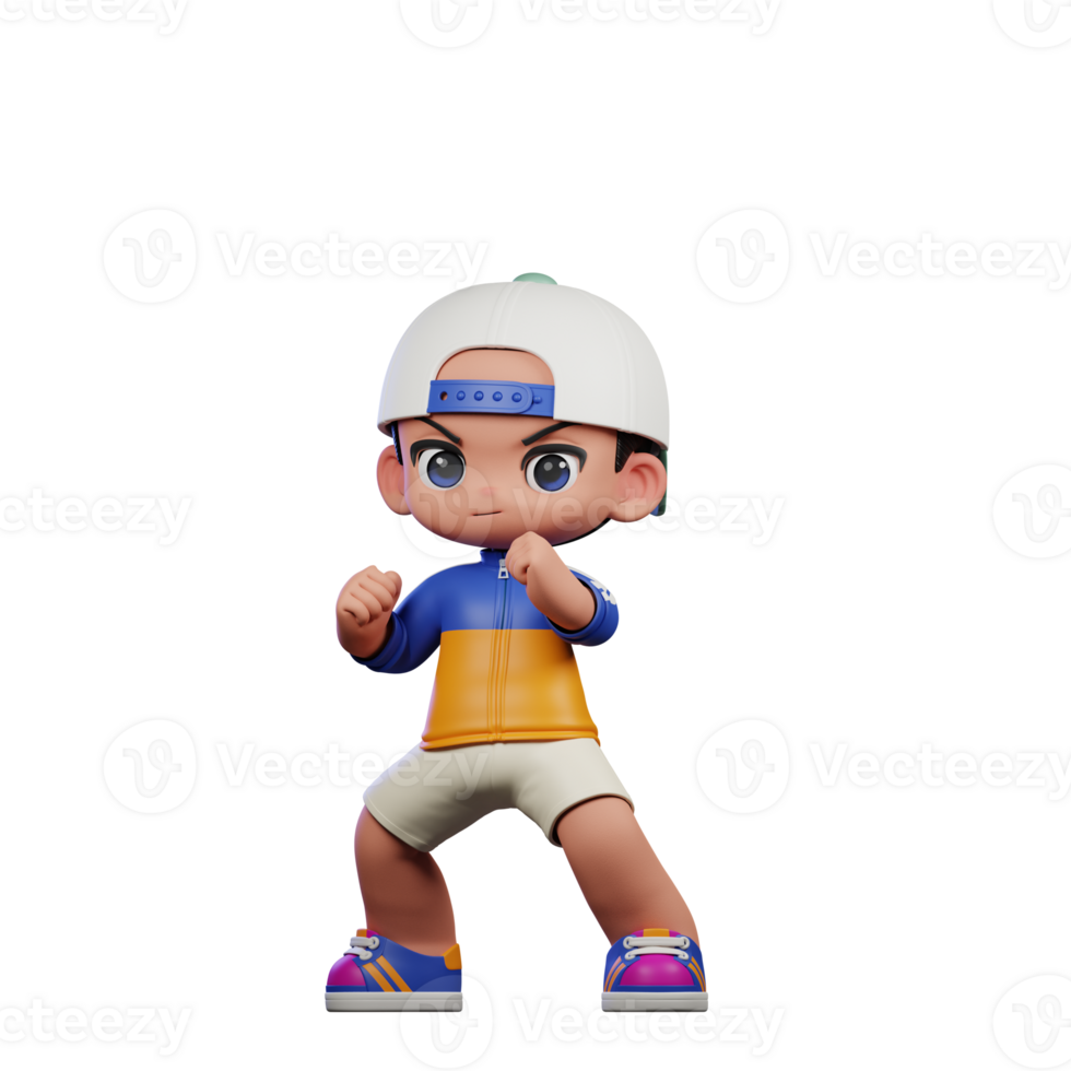 3d Cartoon Character in a Blue Shirt and White Hat Ready Fight Pose png