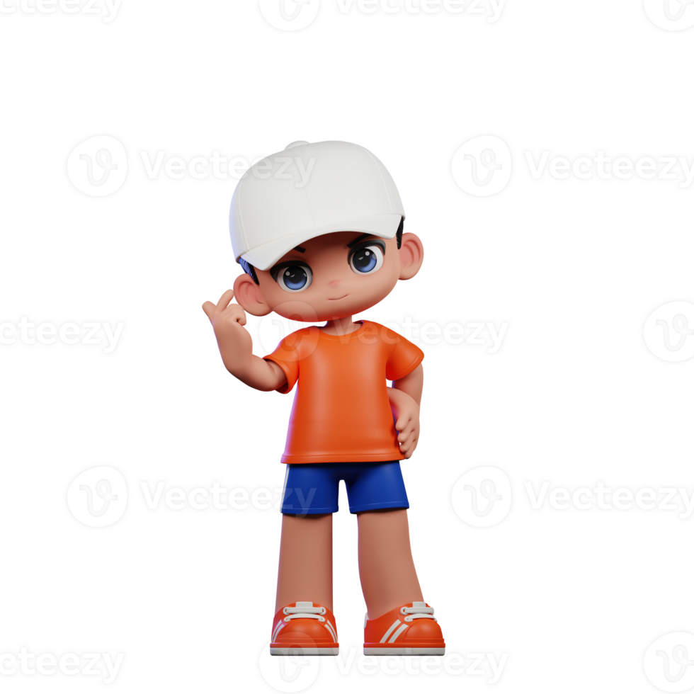 3d tekenfilm jongen in oranje overhemd en blauw shorts met een wit hoed liefde houding png