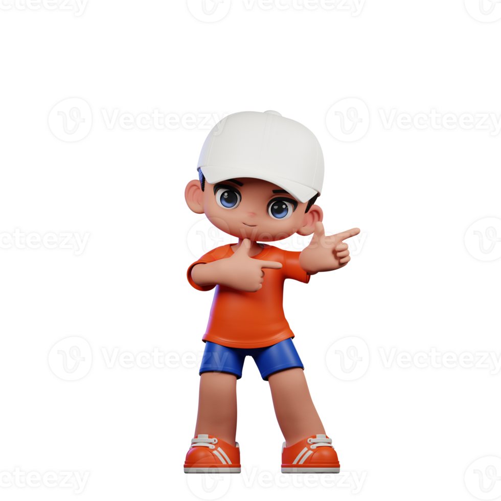 3d Cartoon Boy in Orange Shirt and Blue Shorts with a White Hat Pointing Left Pose png