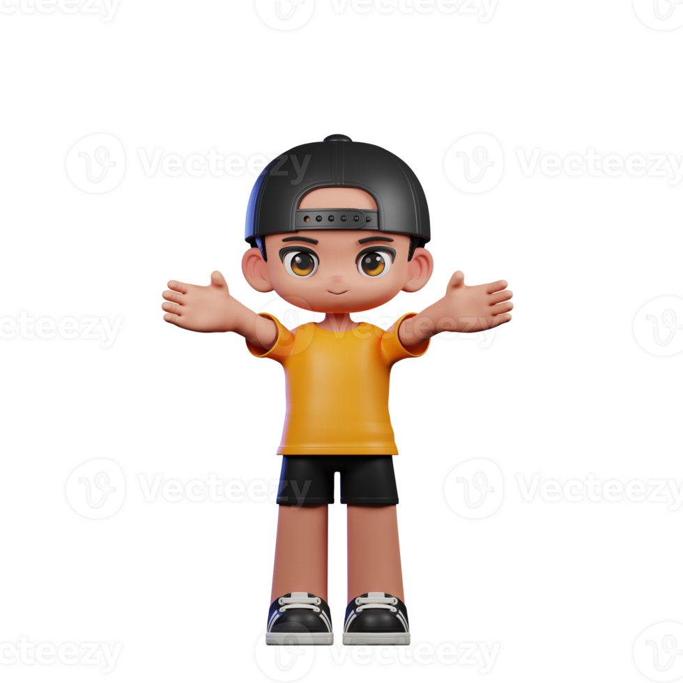 3d Cartoon Character with a Yellow Shirt and Black Shorts Showing Welcome Pose png