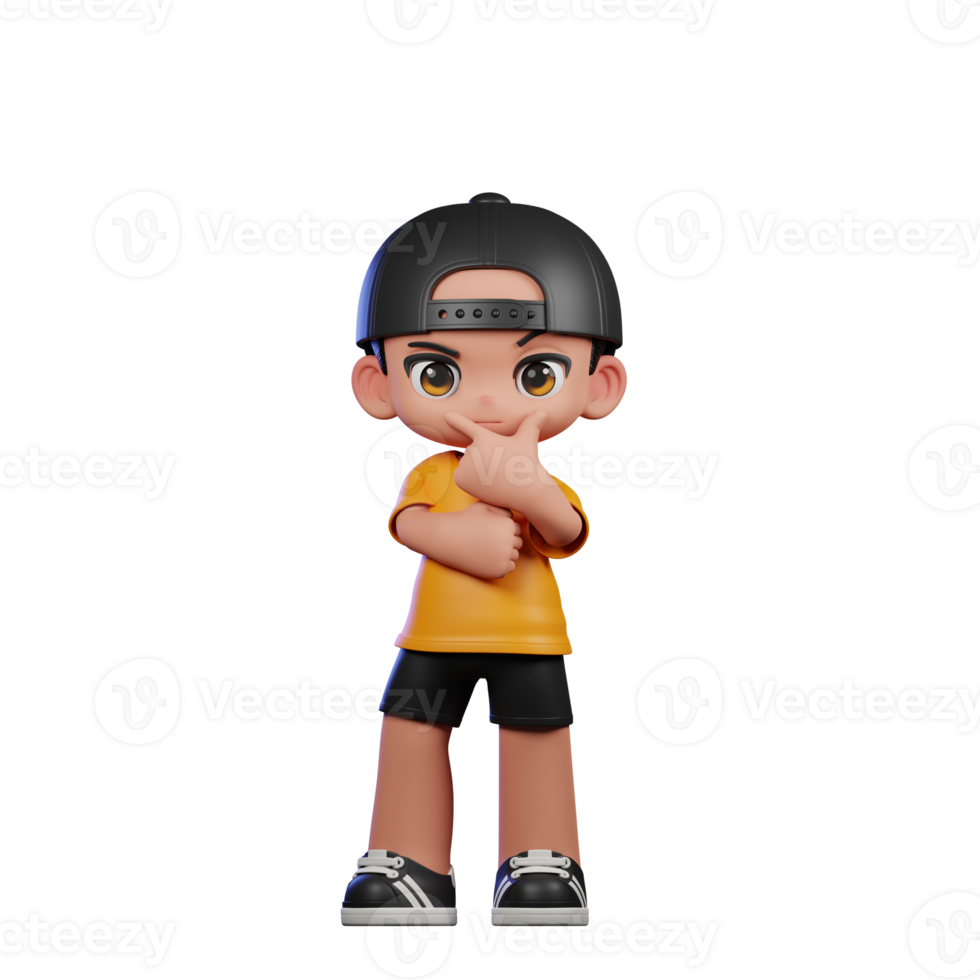 3d Cartoon Character with a Yellow Shirt and Black Shorts Doing Curious Pose png