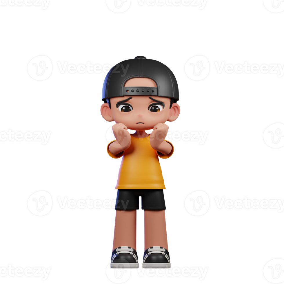 3d Cartoon Character with a Yellow Shirt and Black Shorts Worried Pose png