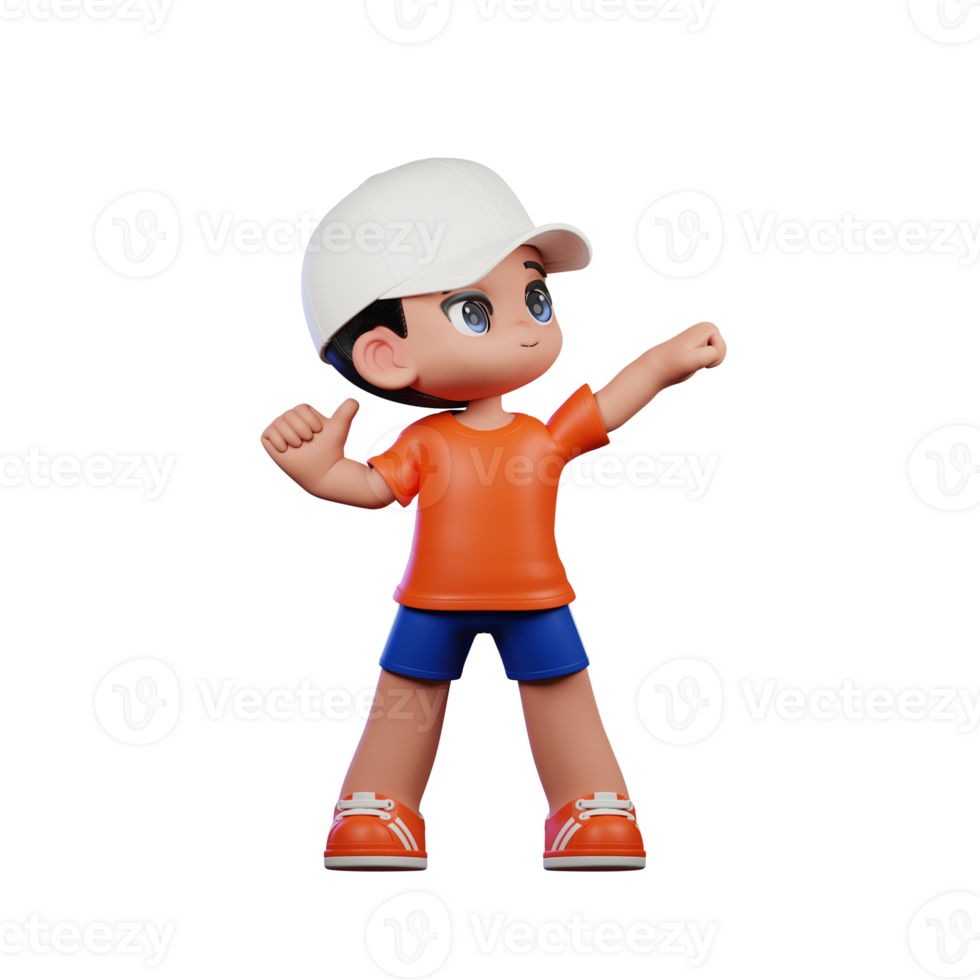 3d Cartoon Boy in Orange Shirt and Blue Shorts with a White Hat Looking VIctorious Pose png