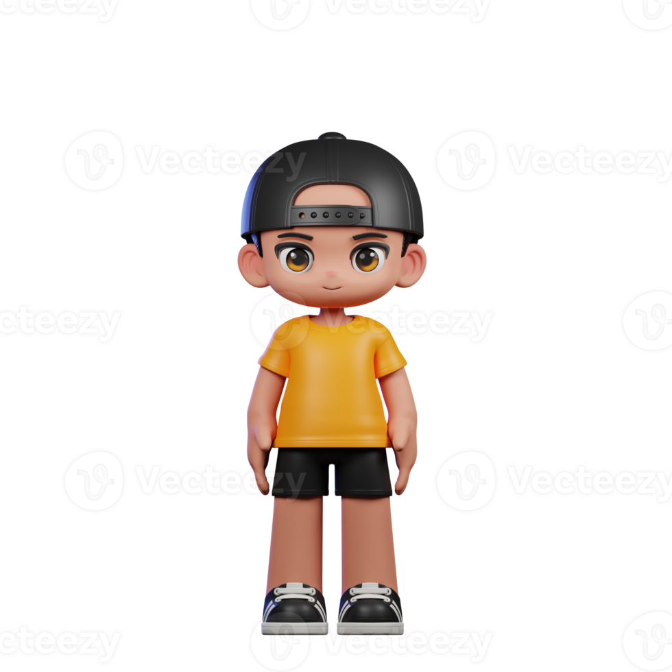 3d Cartoon Character with a Yellow Shirt and Black Shorts Standing Cool Pose png
