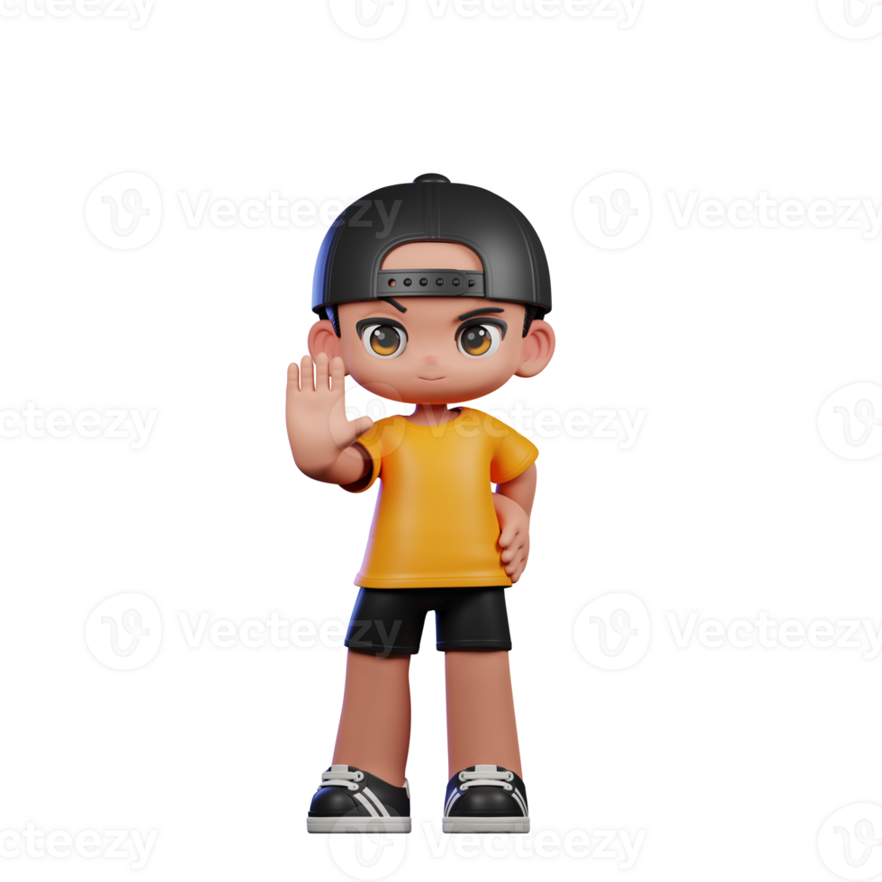 3d Cartoon Character with a Yellow Shirt and Black Shorts Doing Stop Sign Pose png