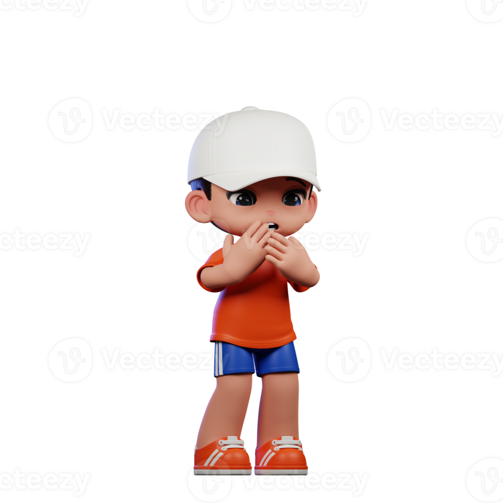 3d Cartoon Boy in Orange Shirt and Blue Shorts with a White Hat Afraid Pose png