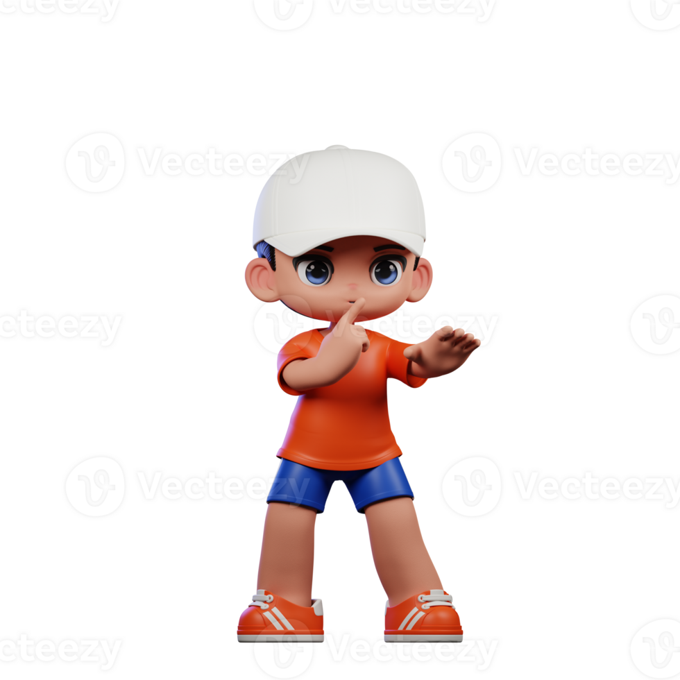 3d Cartoon Boy in Orange Shirt and Blue Shorts with a White Hat Shhttt Pose png