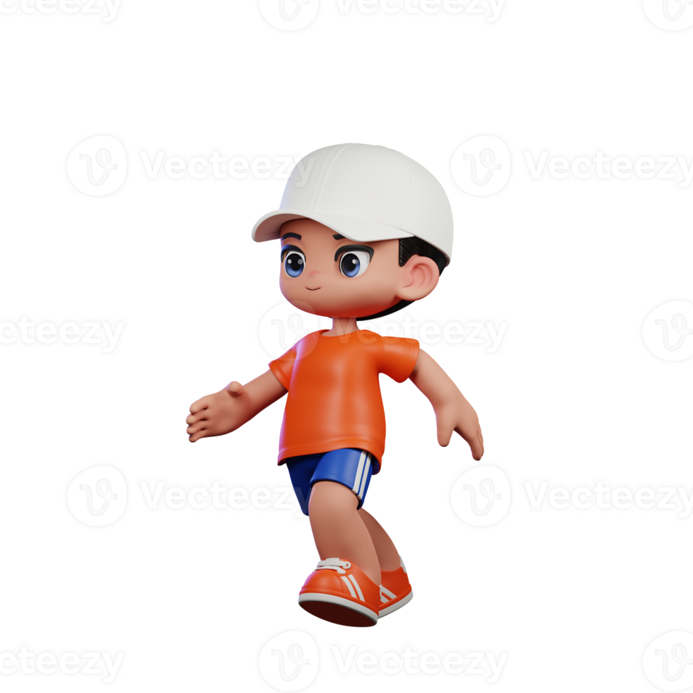 3d Cartoon Boy in Orange Shirt and Blue Shorts with a White Hat Running Pose png