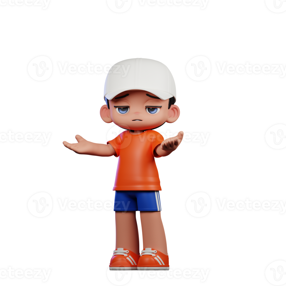 3d Cartoon Boy in Orange Shirt and Blue Shorts with a White Hat Confused Pose png