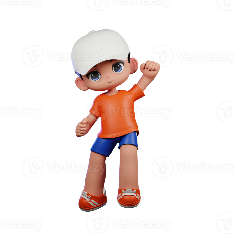 3d Cartoon Boy in Orange Shirt and Blue Shorts with a White Hat Giving Congrats Pose png