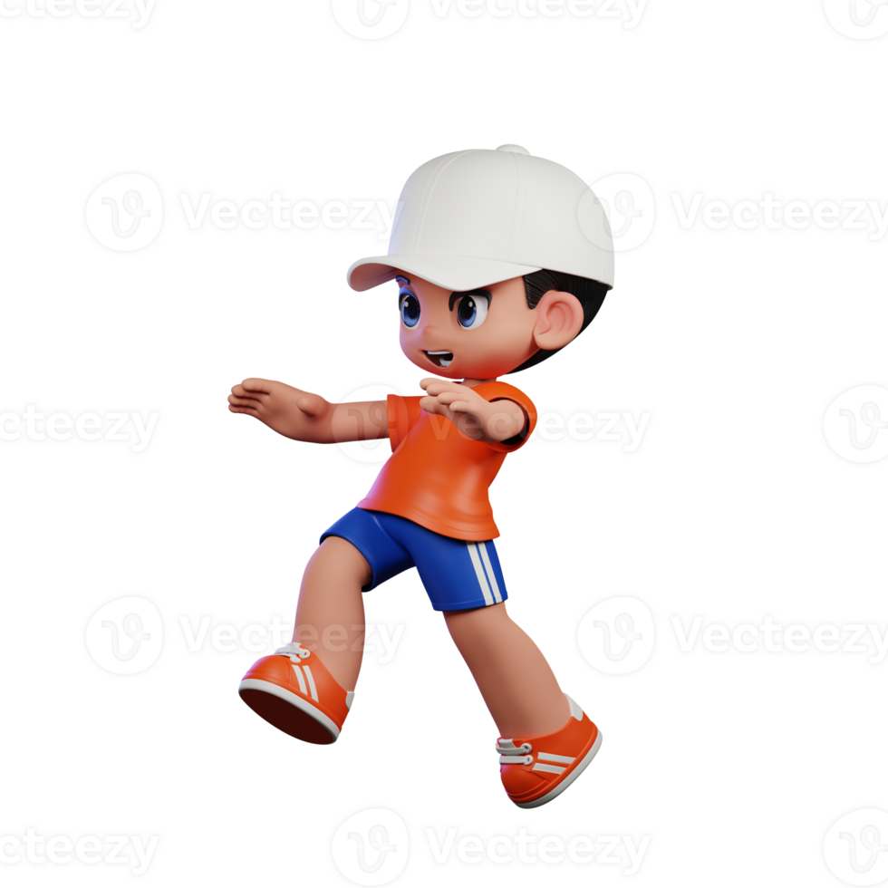 3d Cartoon Boy in Orange Shirt and Blue Shorts with a White Hat Doing Jump Pose png