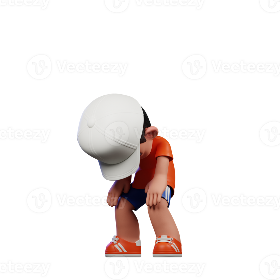 3d Cartoon Boy in Orange Shirt and Blue Shorts with a White Hat Taking Break Pose png