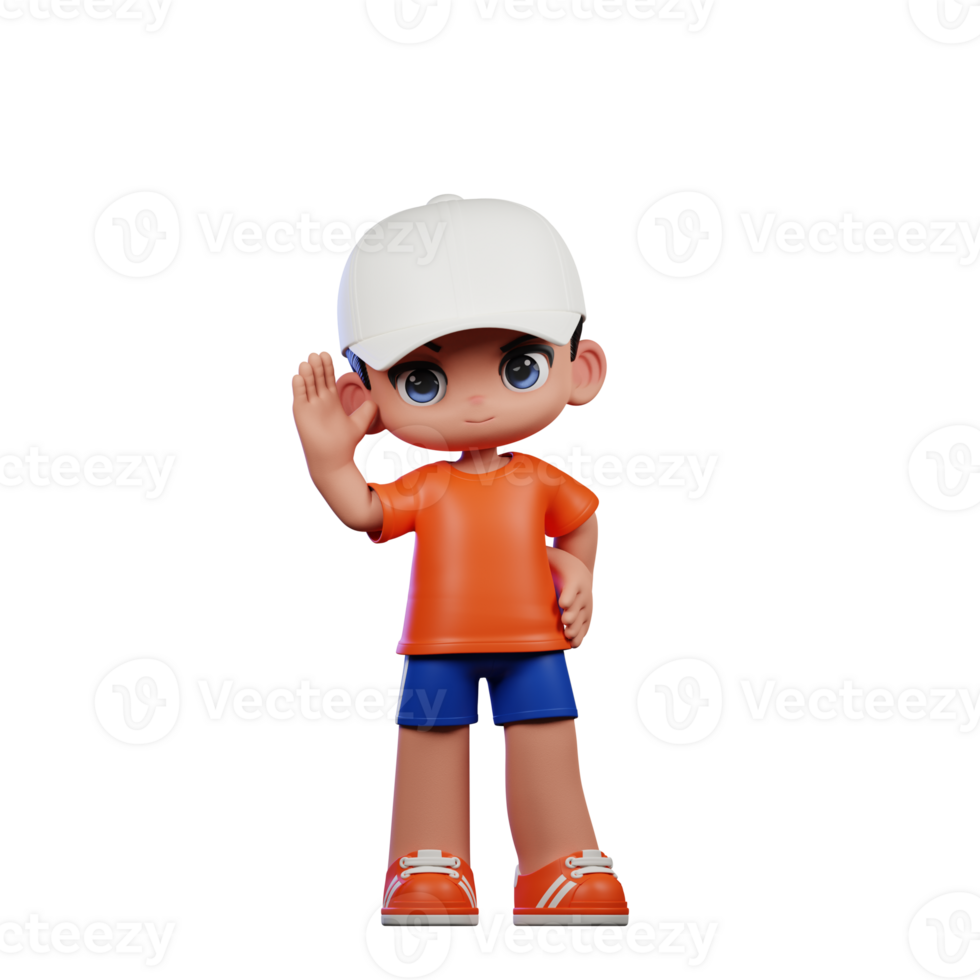 3d Cartoon Boy in Orange Shirt and Blue Shorts with a White Hat Greeting Pose png