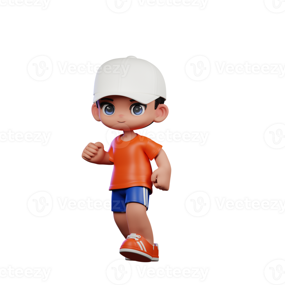 3d Cartoon Boy in Orange Shirt and Blue Shorts with a White Hat Walking Pose png