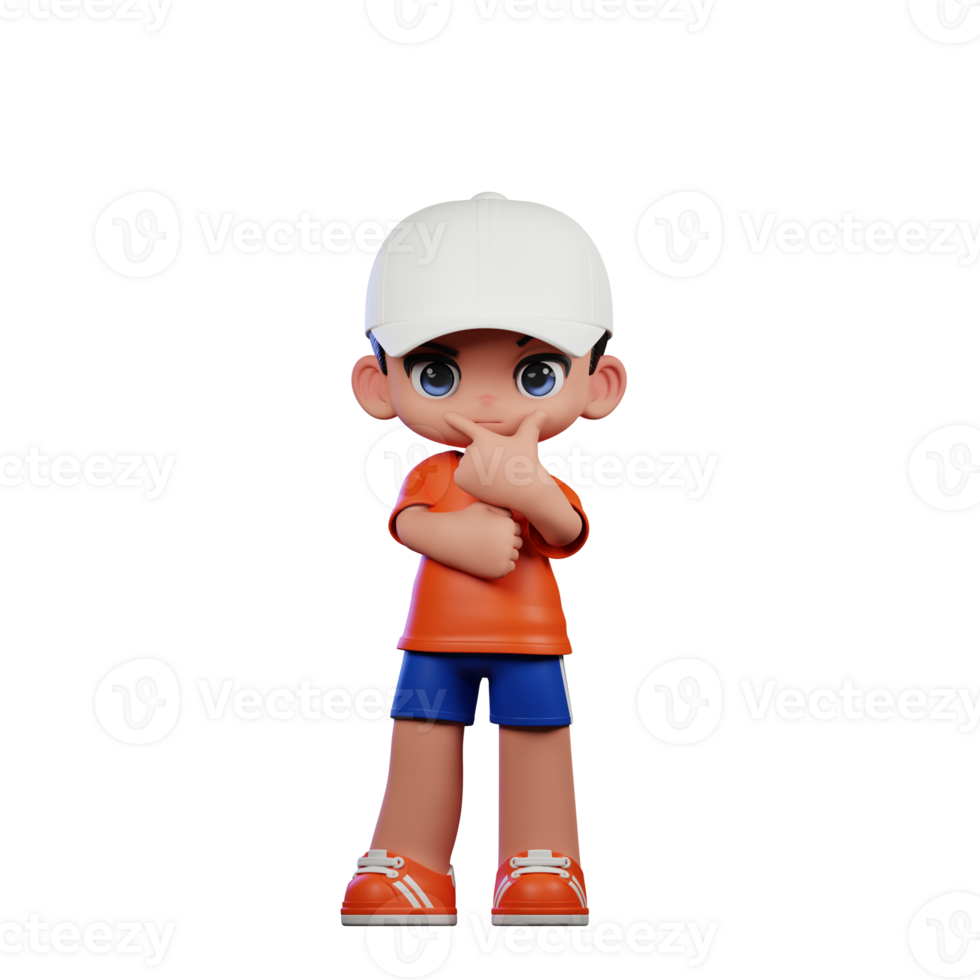 3d Cartoon Boy in Orange Shirt and Blue Shorts with a White Hat Doing Curious Pose png