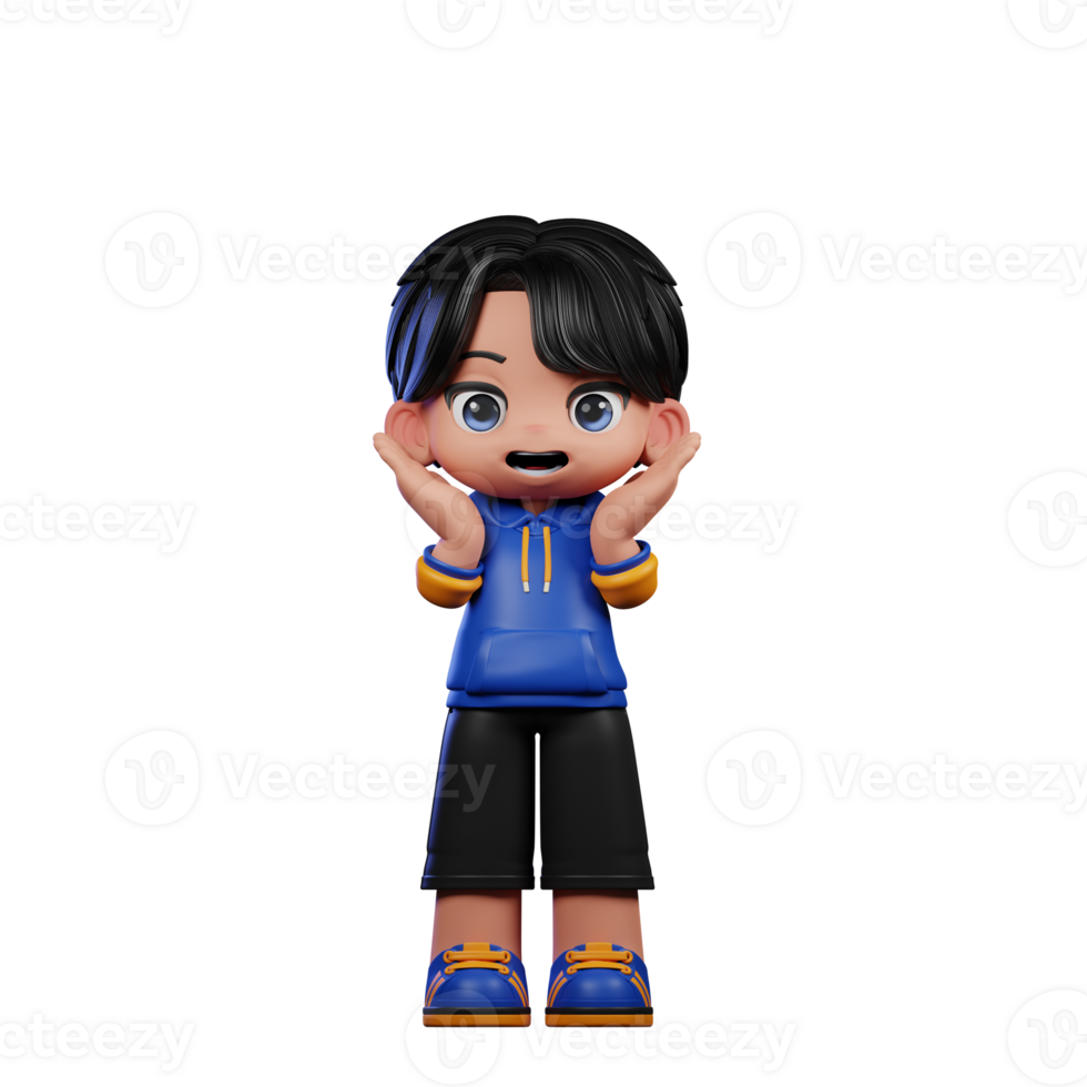 Boy with A Blue Jacket and Black Shorts Surprise Reacting Happily Pose png
