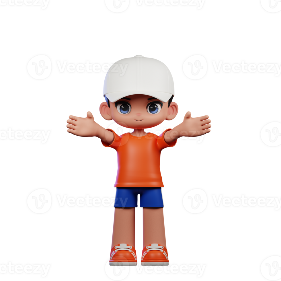 3d Cartoon Boy in Orange Shirt and Blue Shorts with a White Hat Showing Welcome Pose png