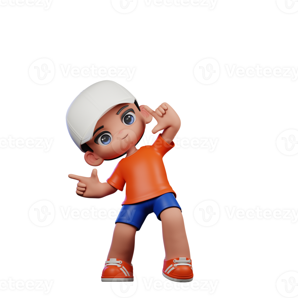 3d Cartoon Boy in Orange Shirt and Blue Shorts with a White Hat Pointing Right Pose png