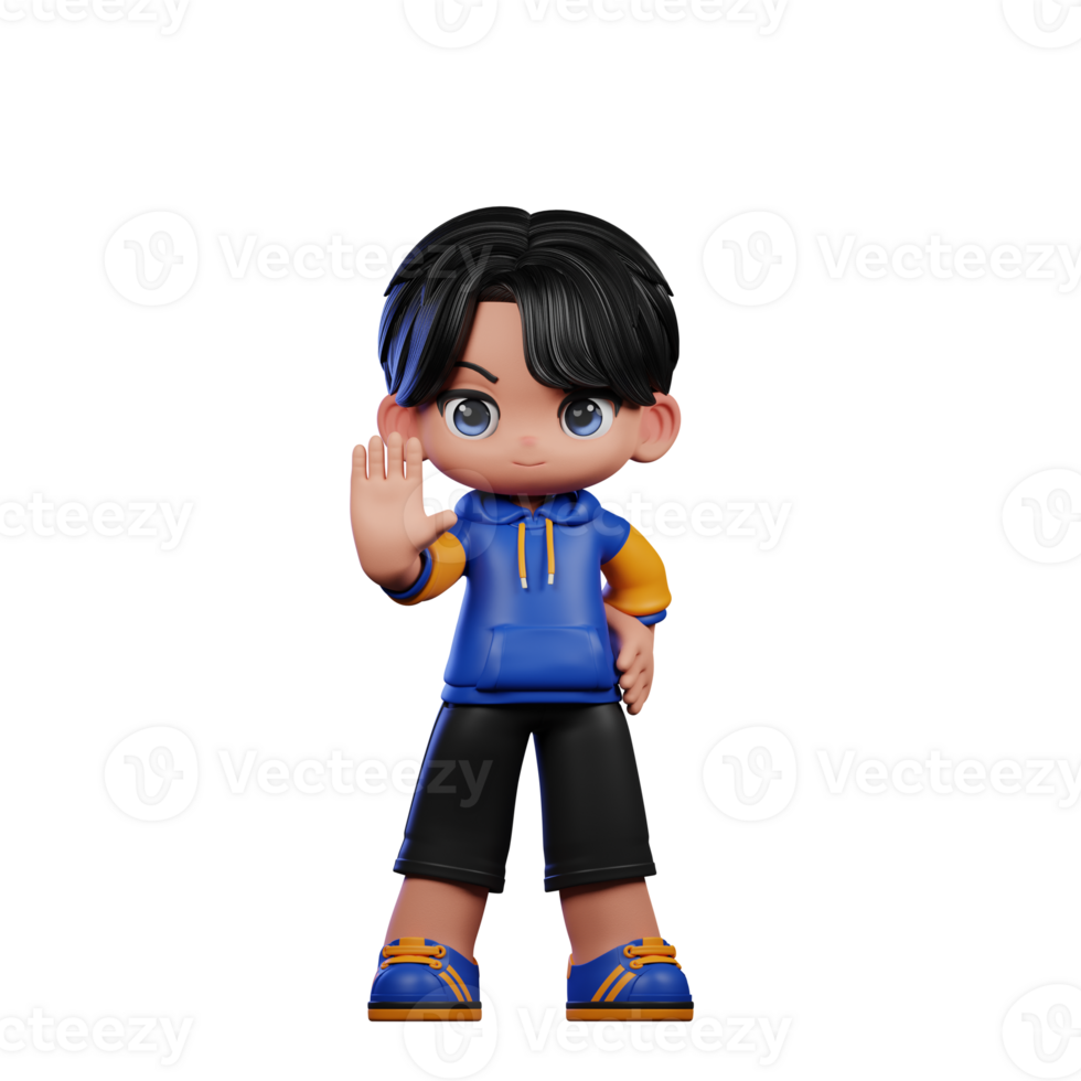 Boy with A Blue Jacket and Black Shorts Doing Stop Sign Pose png