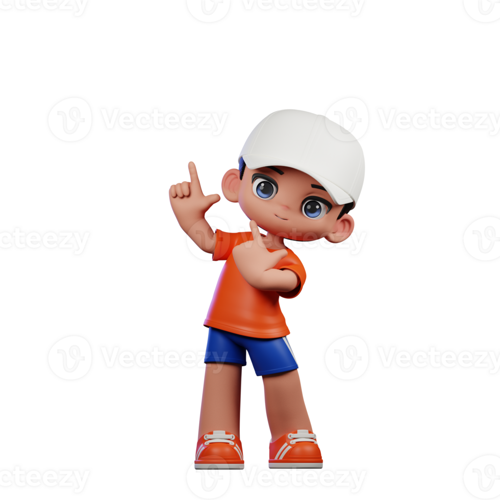 3d Cartoon Boy in Orange Shirt and Blue Shorts with a White Hat Pointing Up Pose png