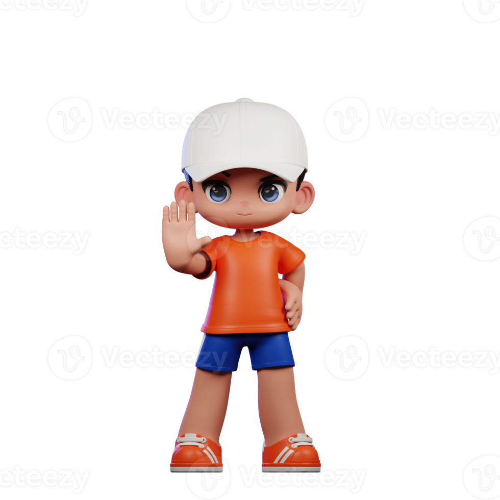 3d Cartoon Boy in Orange Shirt and Blue Shorts with a White Hat Doing Stop Sign Pose png