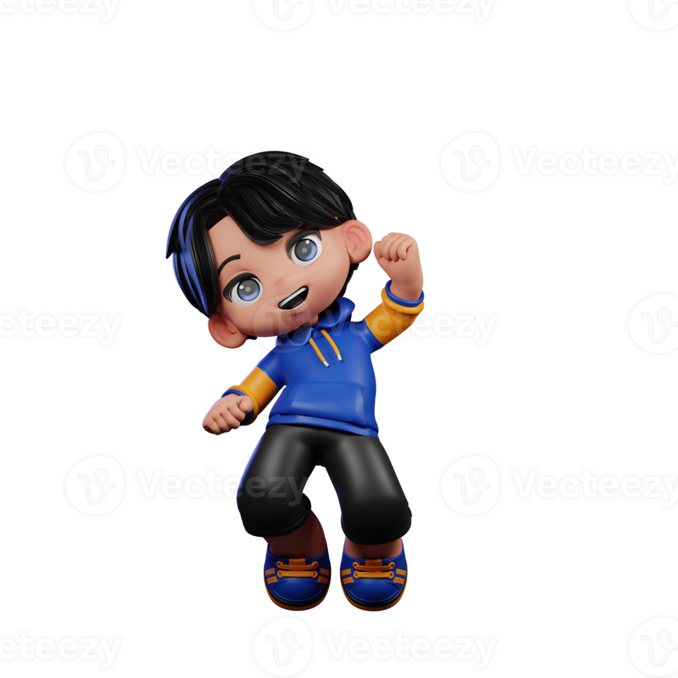 Boy with A Blue Jacket and Black Shorts Jump Air Happy Pose png