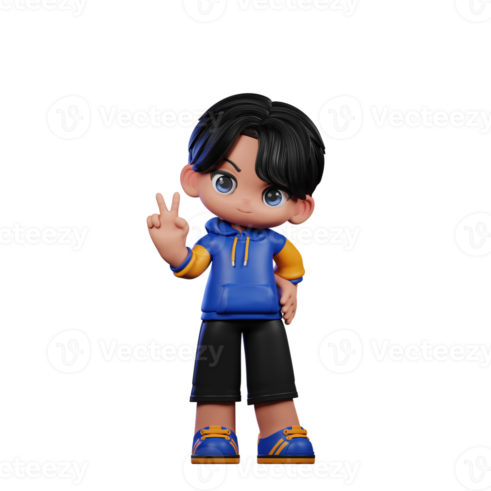 Boy with A Blue Jacket and Black Shorts Showing Peace Sign Pose png