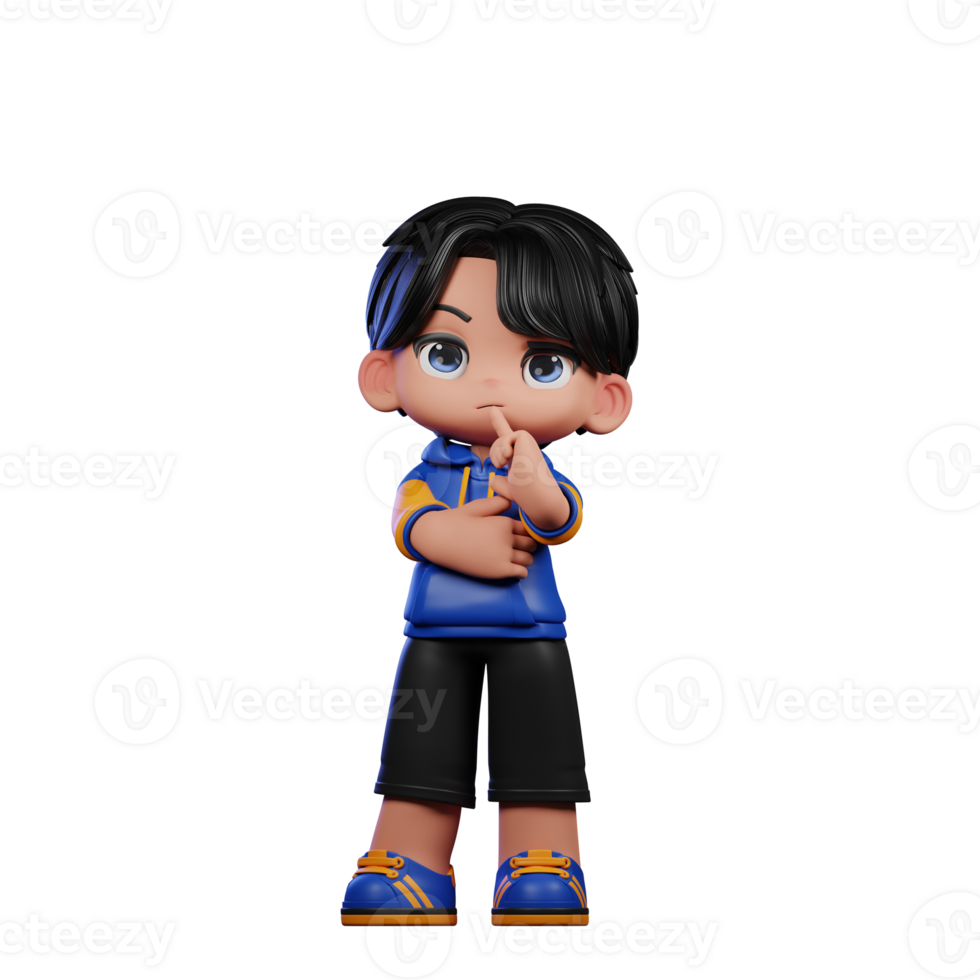 Boy with A Blue Jacket and Black Shorts Thinking Deeply Pose png
