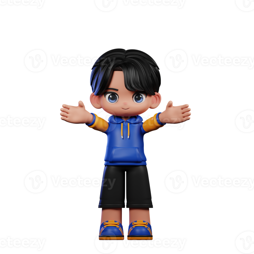 Boy with A Blue Jacket and Black Shorts Showing Welcome Pose png