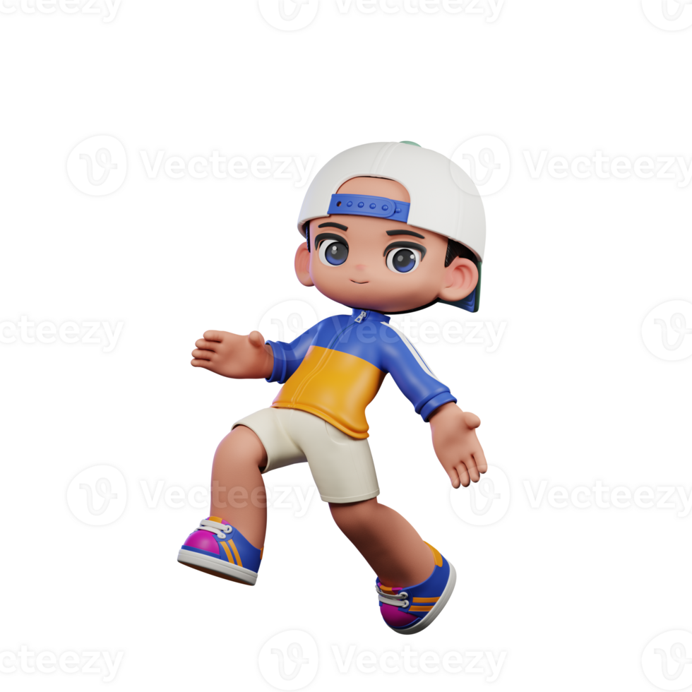 3d Cartoon Character in a Blue Shirt and White Hat Happy Jumping Pose png