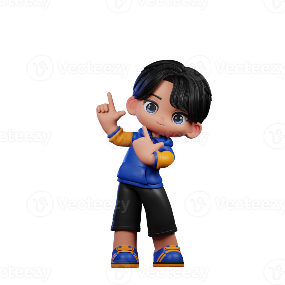 Boy with A Blue Jacket and Black Shorts Pointing Up Pose png