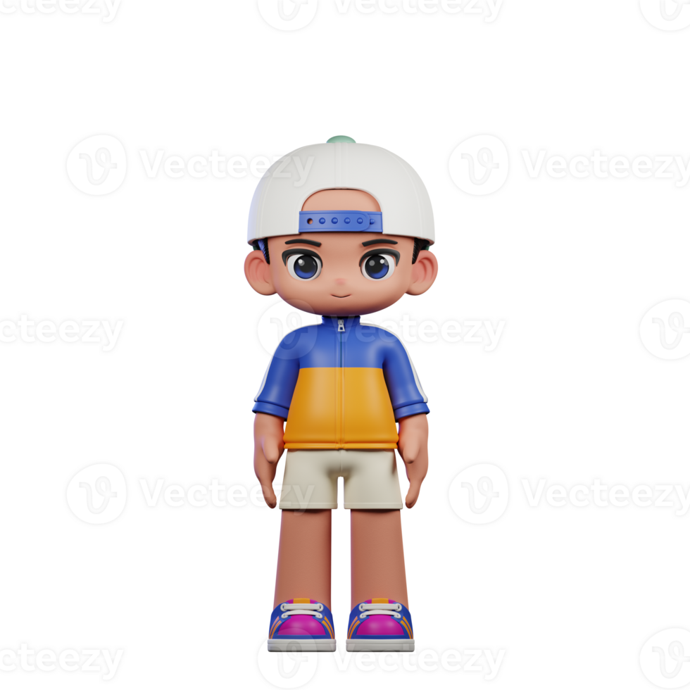 3d Cartoon Character in a Blue Shirt and White Hat Standing Cool Pose png