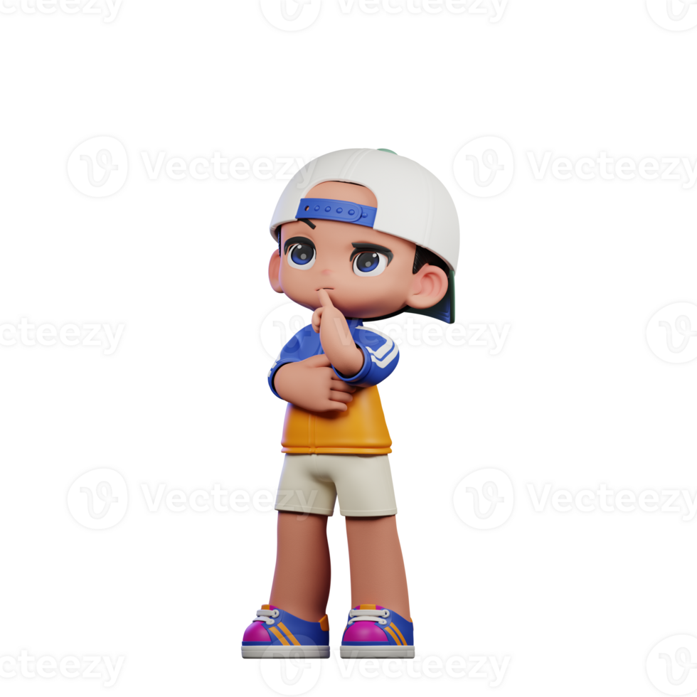 3d Cartoon Character in a Blue Shirt and White Hat Thinking Deeply Pose png