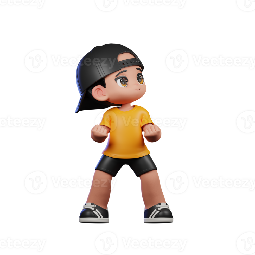 3d Cartoon Character with a Yellow Shirt and Black Shorts Looking VIctorious Pose png