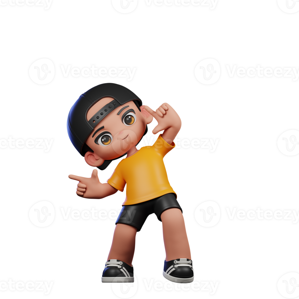 3d Cartoon Character with a Yellow Shirt and Black Shorts Pointing Right Pose png