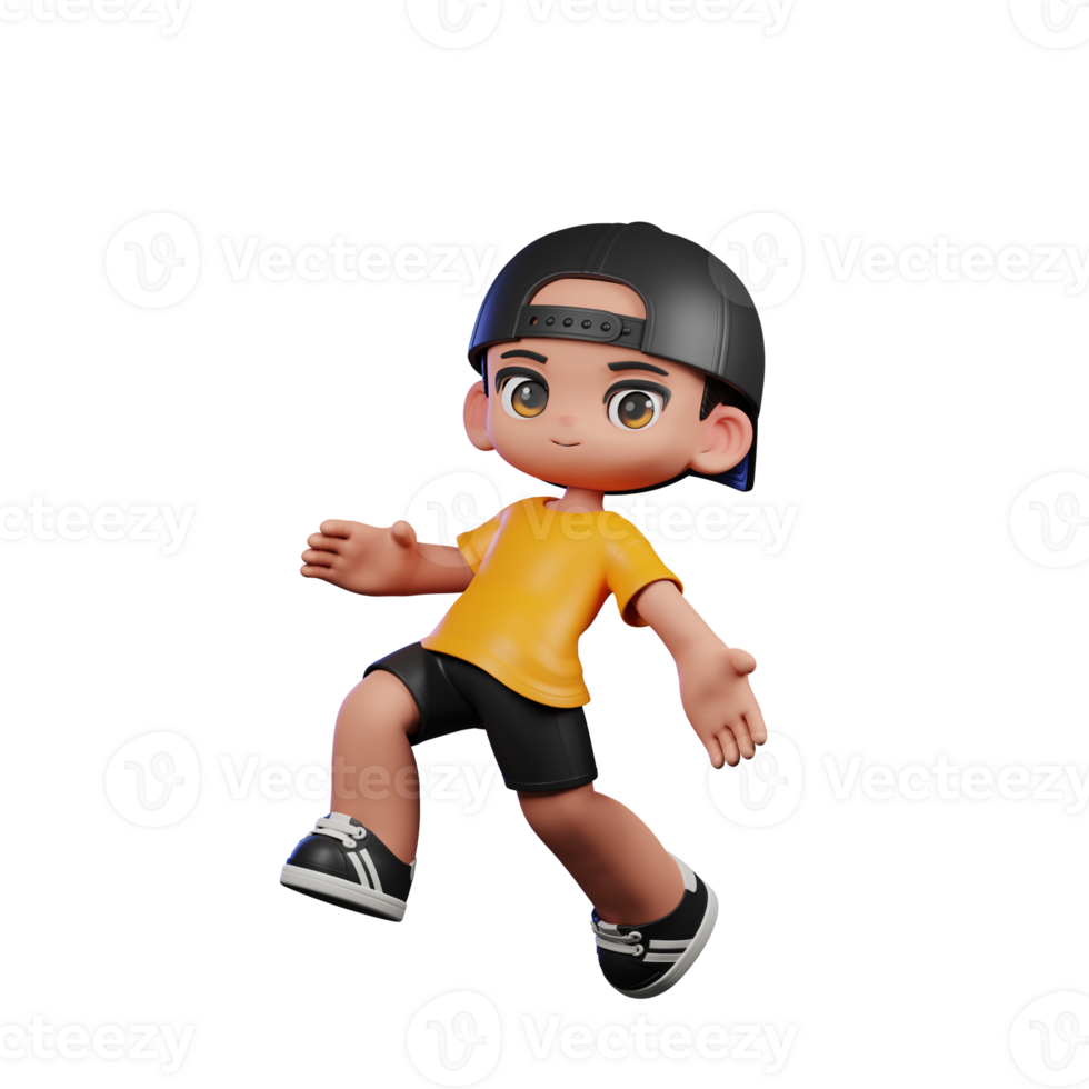 3d Cartoon Character with a Yellow Shirt and Black Shorts Happy Jumping Pose png