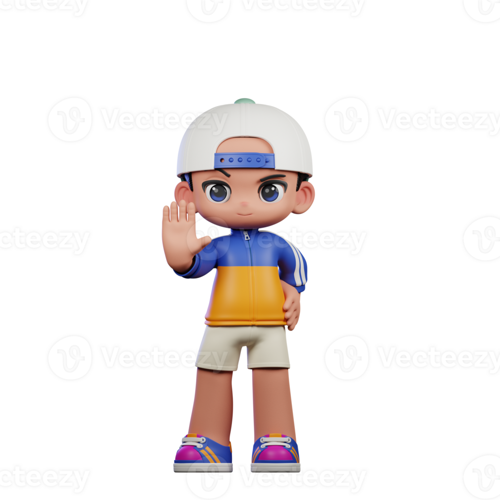 3d Cartoon Character in a Blue Shirt and White Hat Doing Stop Sign Pose png