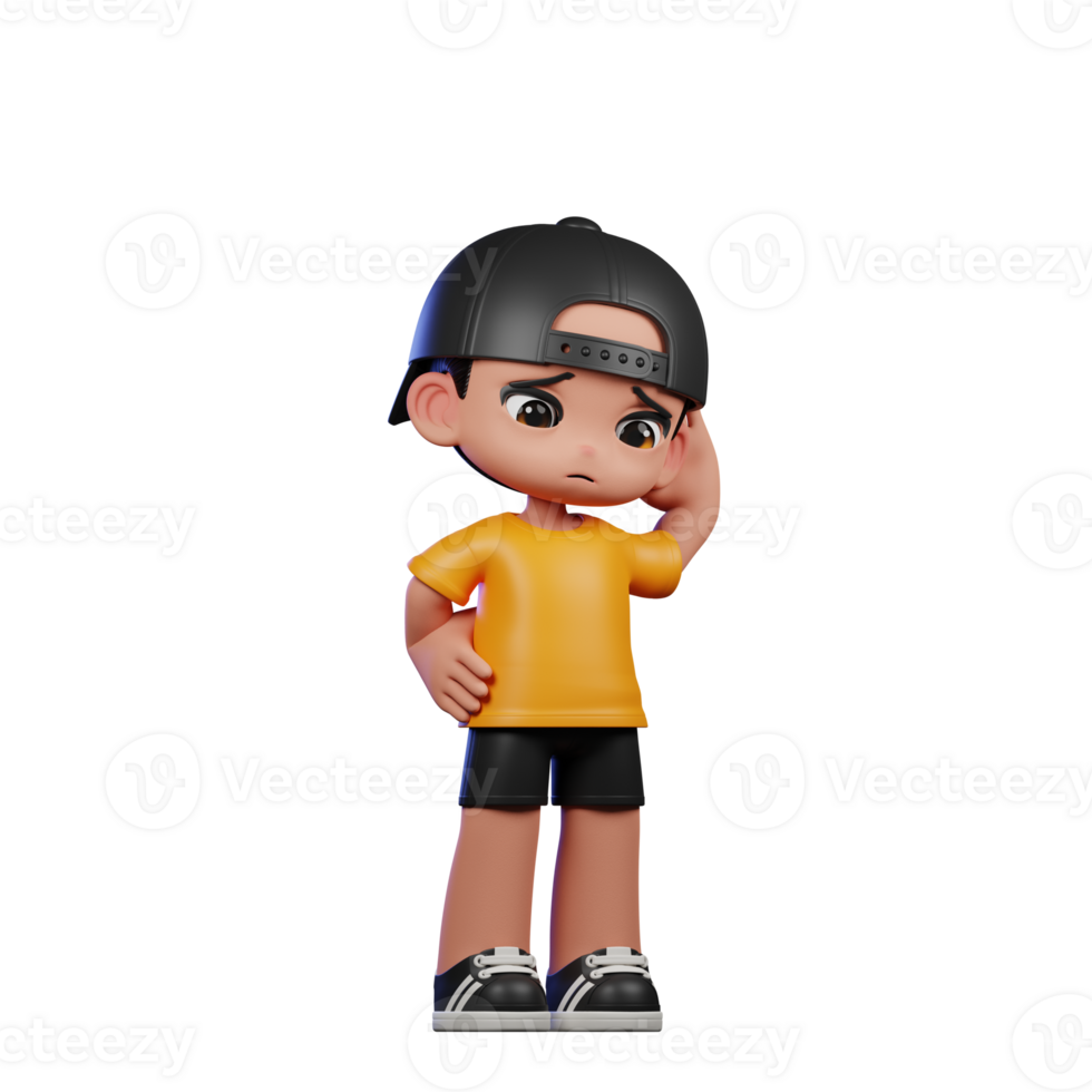 3d Cartoon Character with a Yellow Shirt and Black Shorts Worry Pose png
