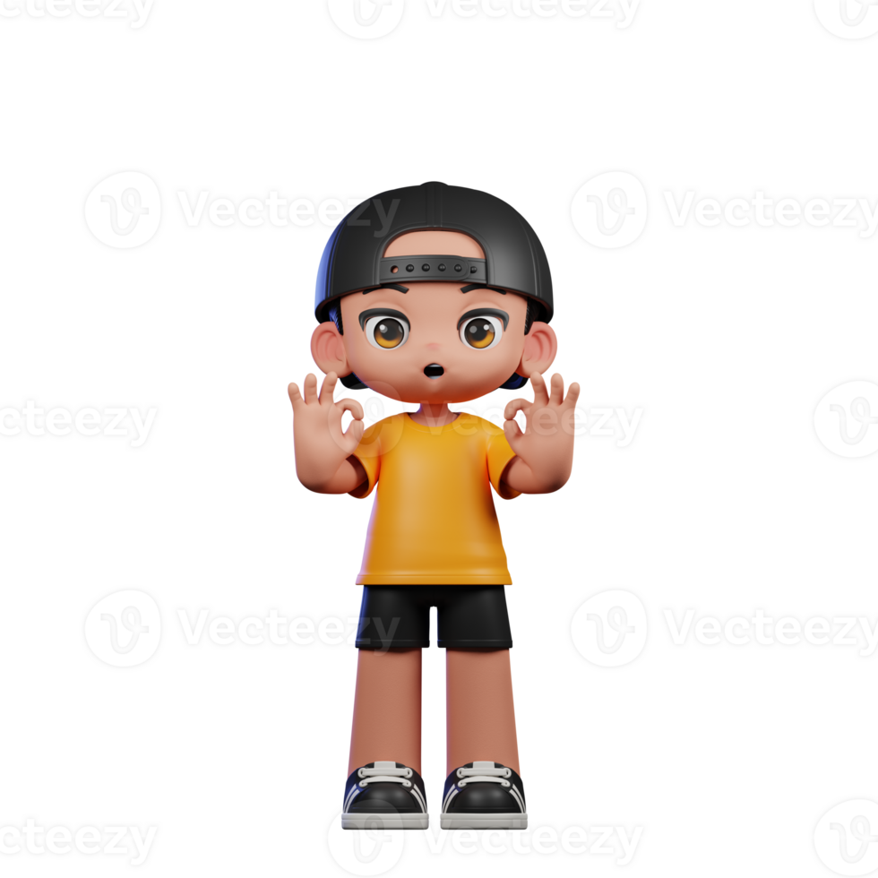 3d Cartoon Character with a Yellow Shirt and Black Shorts Showing Ok Sign Pose png