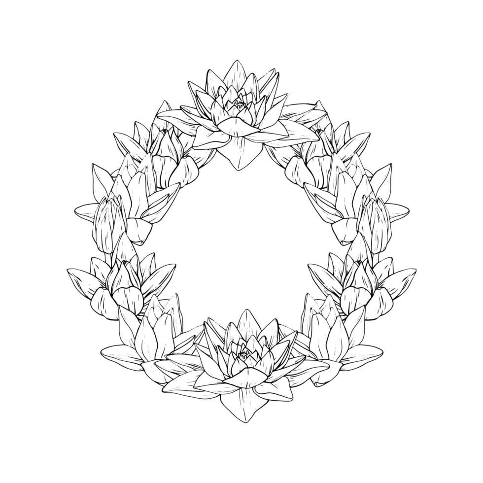 Wreath from Lotus Flowers and leaves in line art style. Black outline Illustration tropical Water Lily and Leaves painted by black inks. Hand Drawn Sketch Flowers for invitations, print design vector